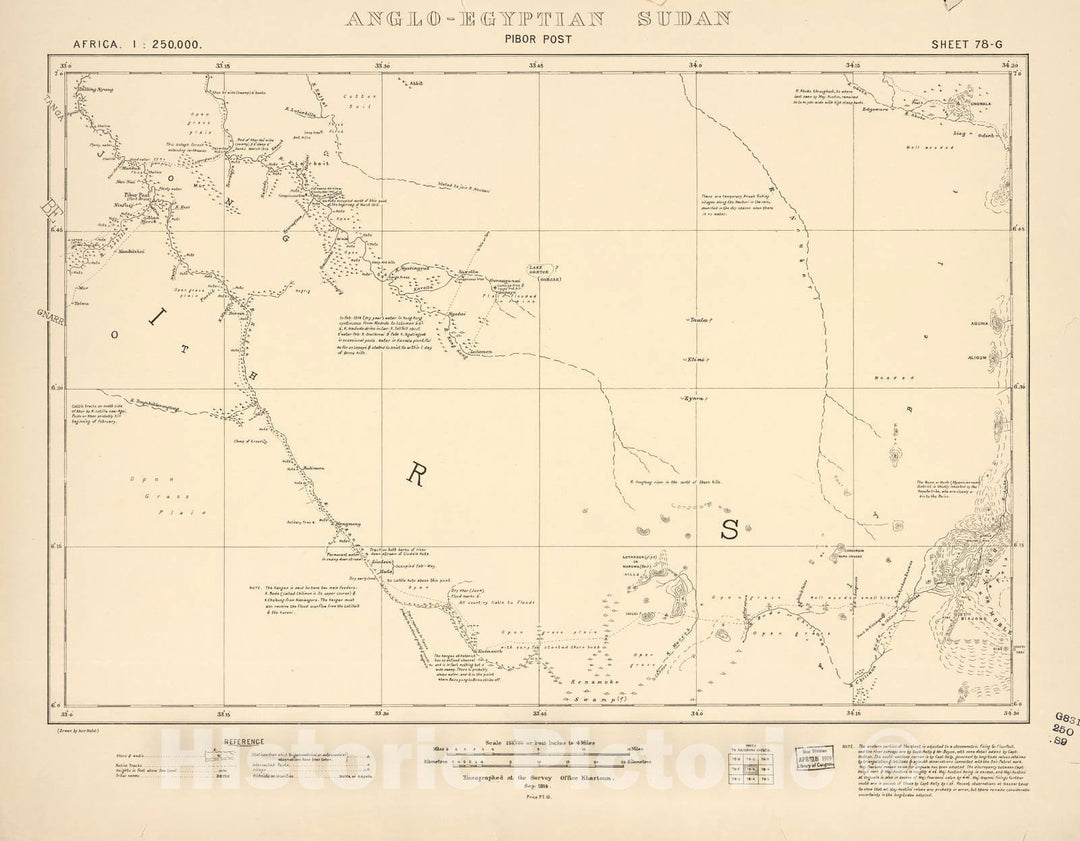 Historic 1909 Map - Sudan 1:250,000 - Pibor Post Sheet 78-G Sep 1914 - Anglo-Egyptian Sudan