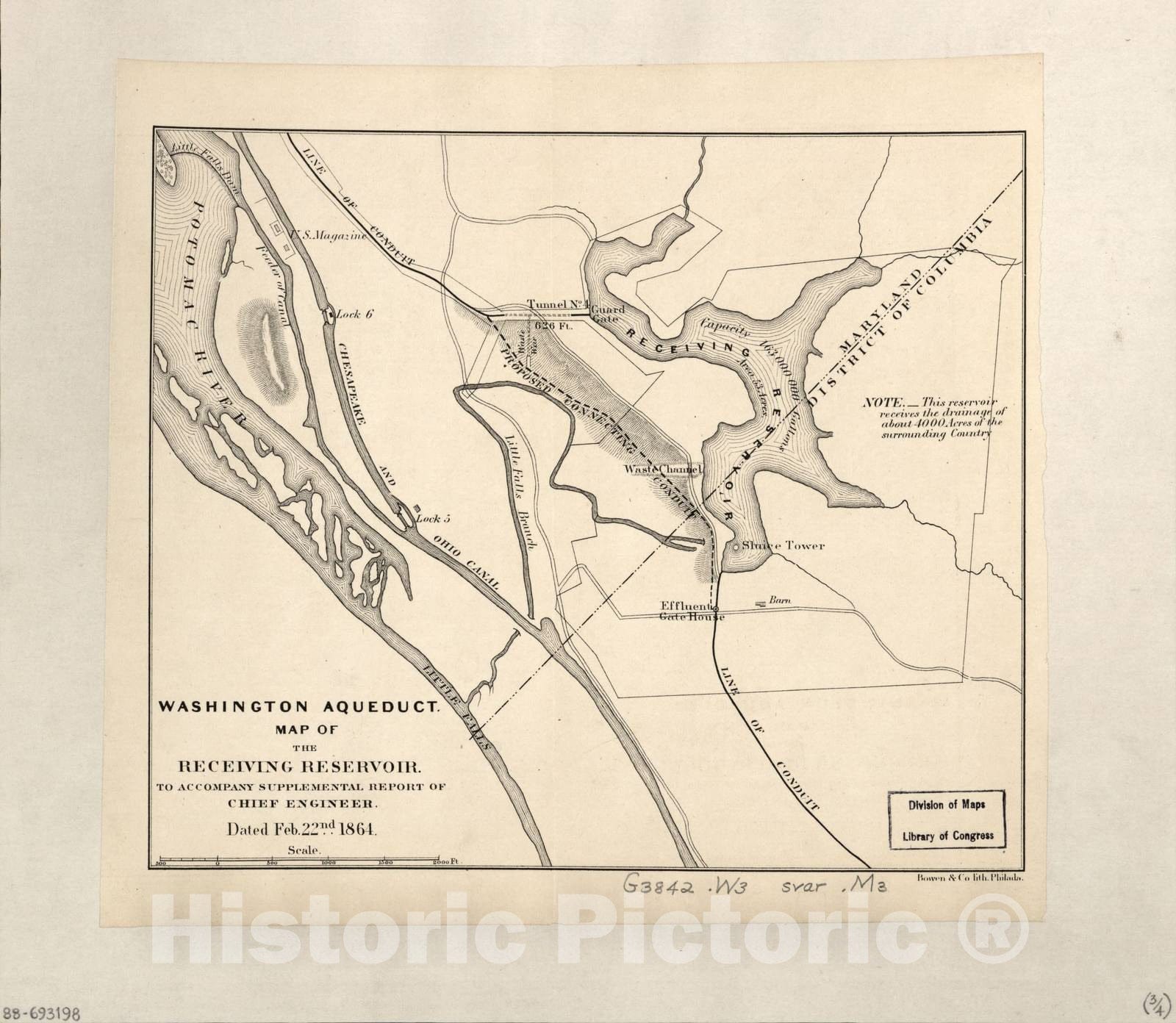 Historic 1864 Map - Maps of The Washington Aqueduct, Md. and Washington D.C. - Washington Aqueduct, map of The Receiving Reservoir, 1864