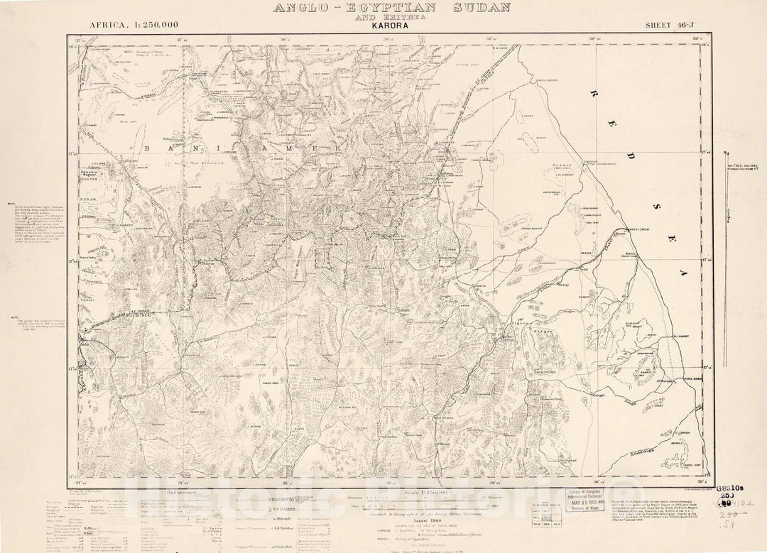 Historic 1909 Map - Sudan 1:250,000 - Karora Sheet 46-J Aug 1940 - Anglo-Egyptian Sudan