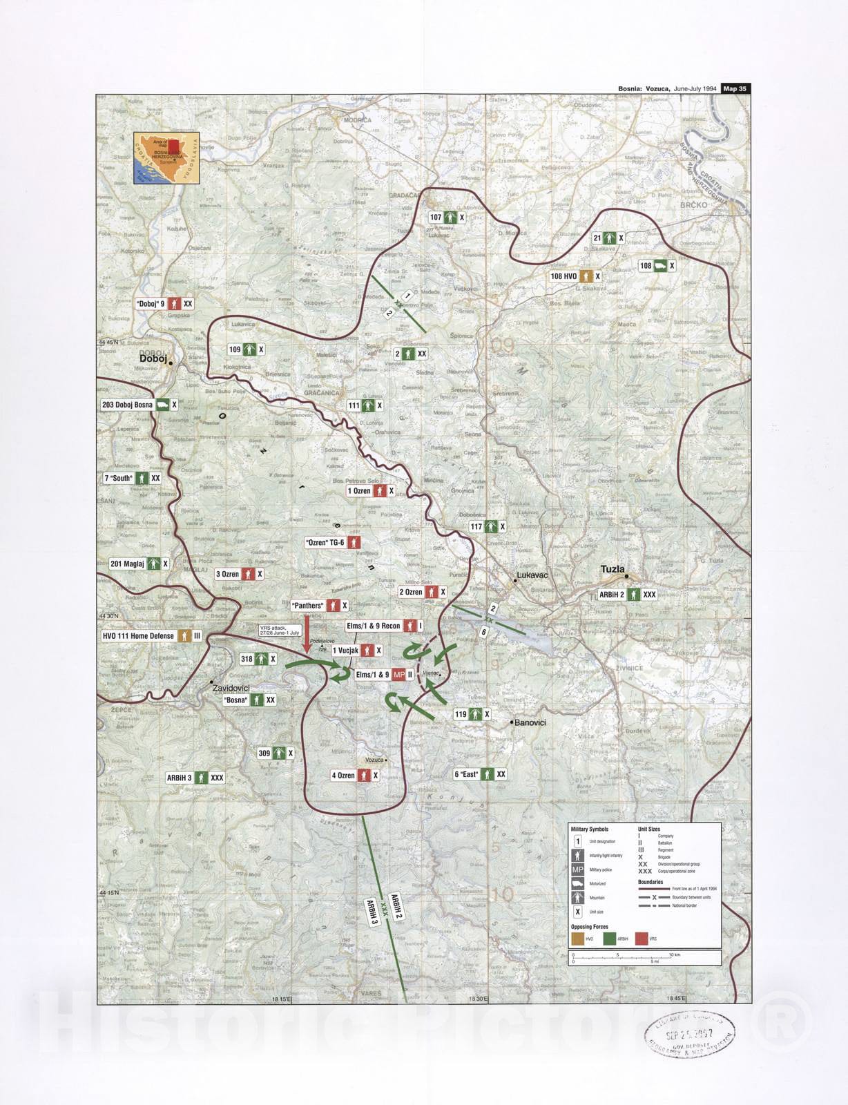 Historic 2002 Map - Balkan battlegrounds - Bosnia: Vozuca, June-July 1994