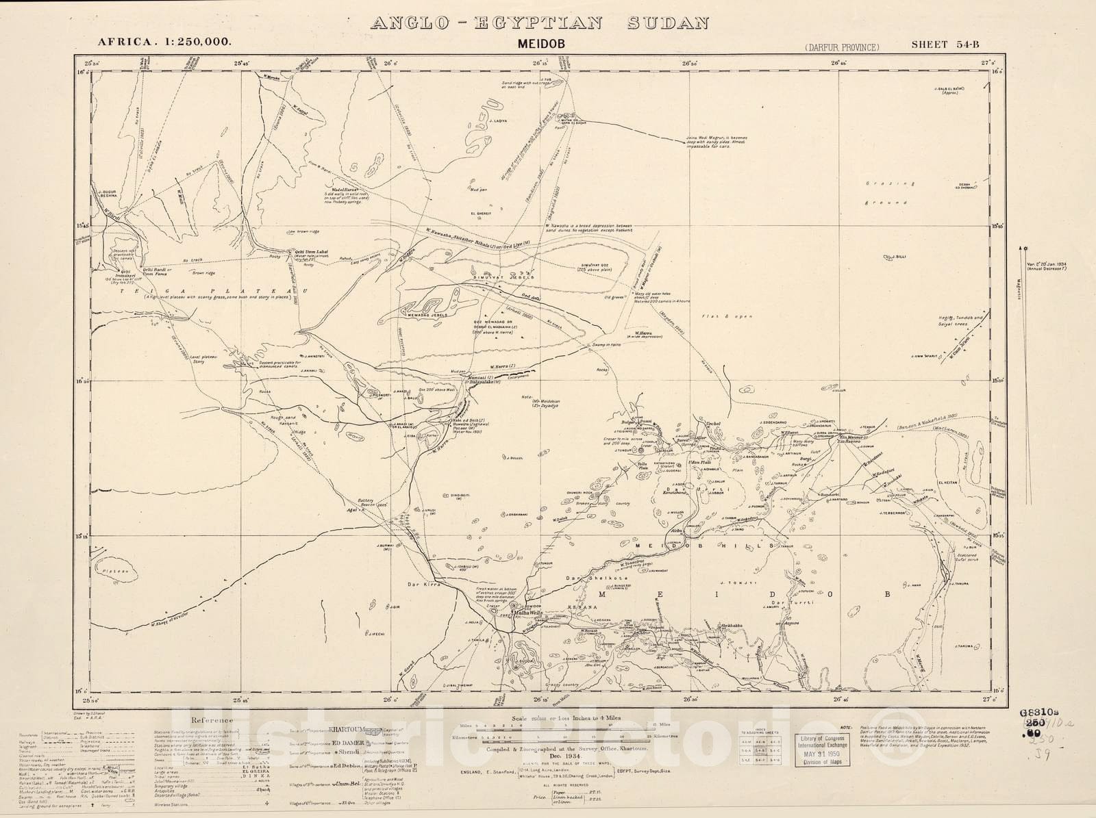 Historic 1909 Map - Sudan 1:250,000 - Meidob Sheet 54-B Dec 1934 - Anglo-Egyptian Sudan