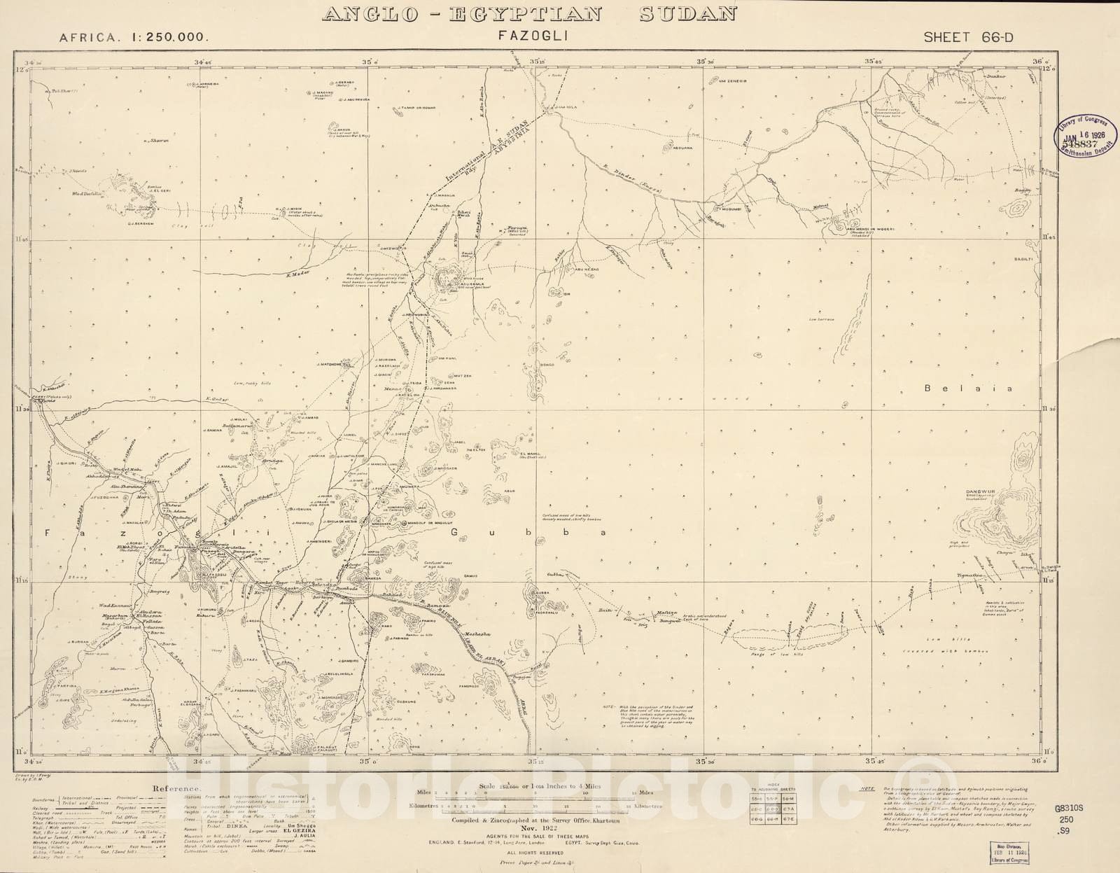 Historic 1909 Map - Sudan 1:250,000 - Fazogli Sheet 66-D Nov 1922 - Anglo-Egyptian Sudan