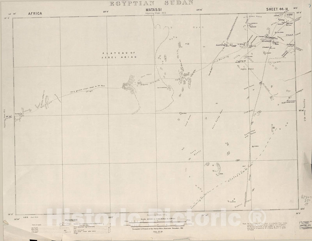 Historic 1909 Map - Sudan 1:250,000 - Matassi Sheet 44-H Nov 1910 - Anglo-Egyptian Sudan