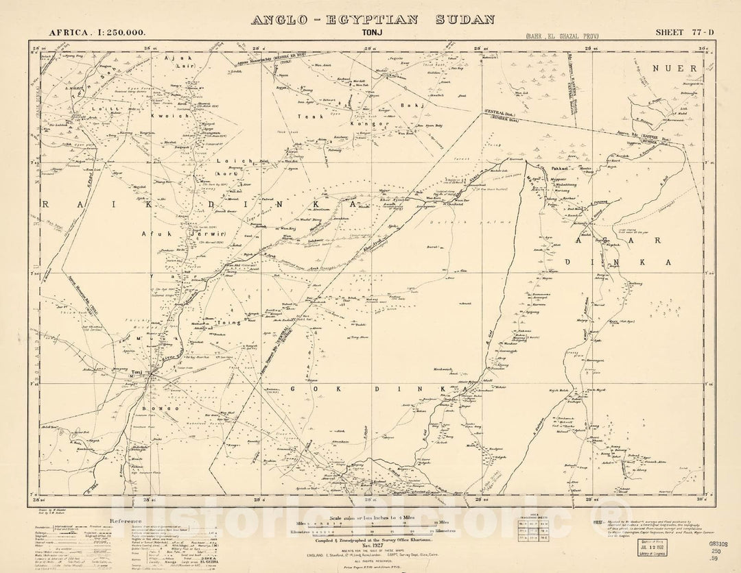 Historic 1909 Map - Sudan 1:250,000 - Tonj Sheet 77-D Nov 1927 - Anglo-Egyptian Sudan