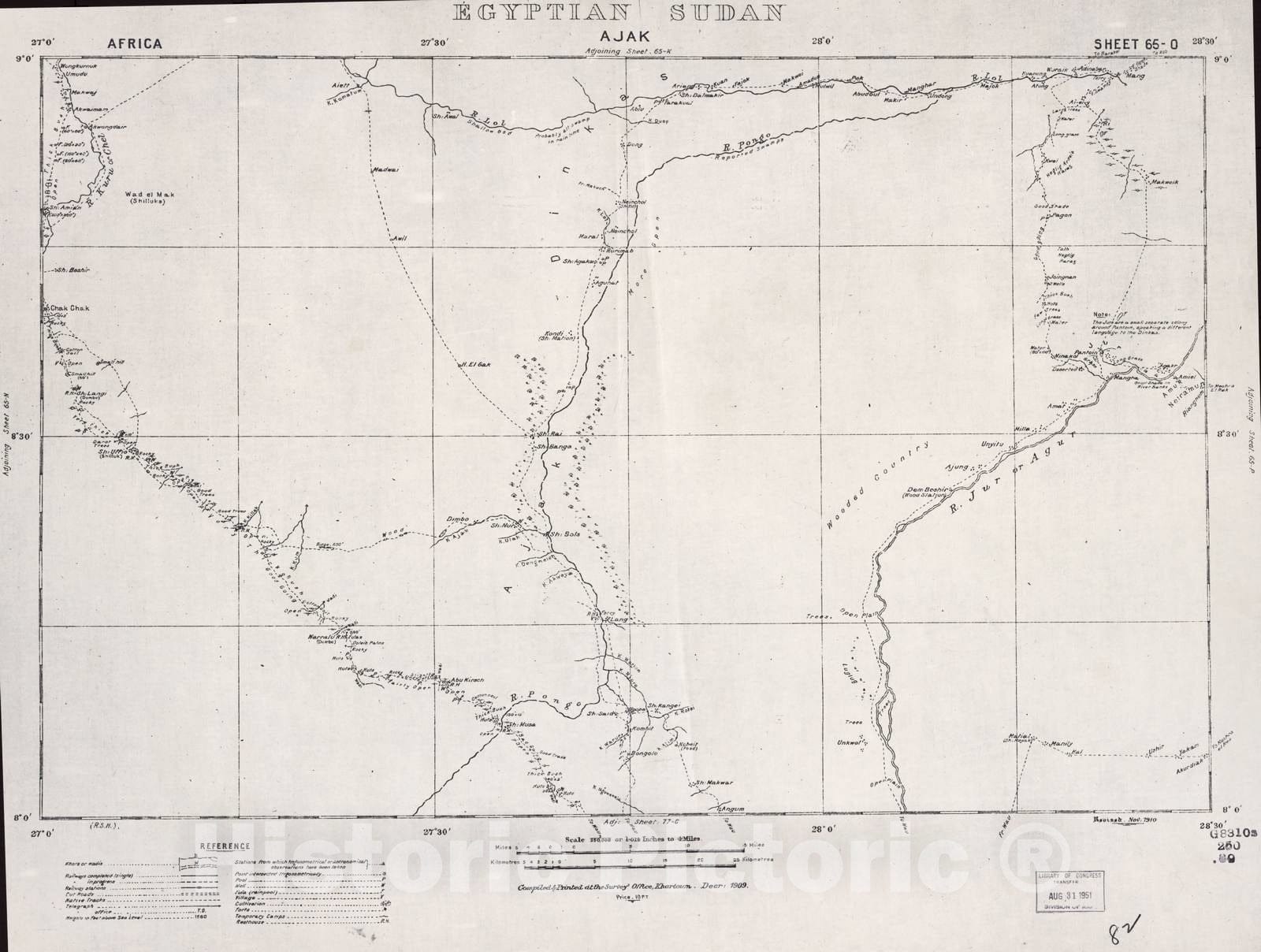 Historic 1909 Map - Sudan 1:250,000 - Ajak Sheet 65-O Dec 1909 - Anglo-Egyptian Sudan