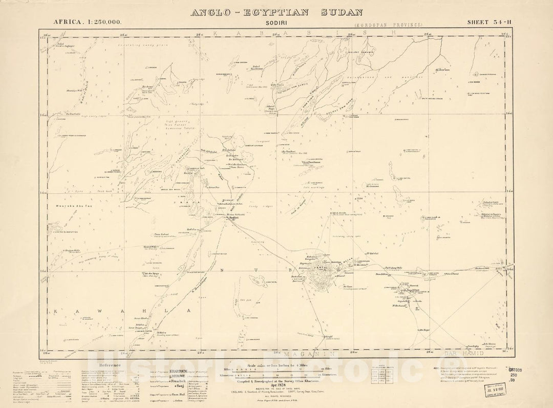 Historic 1909 Map - Sudan 1:250,000 - Sodiri Sheet 54-H Apr 1928 - Anglo-Egyptian Sudan