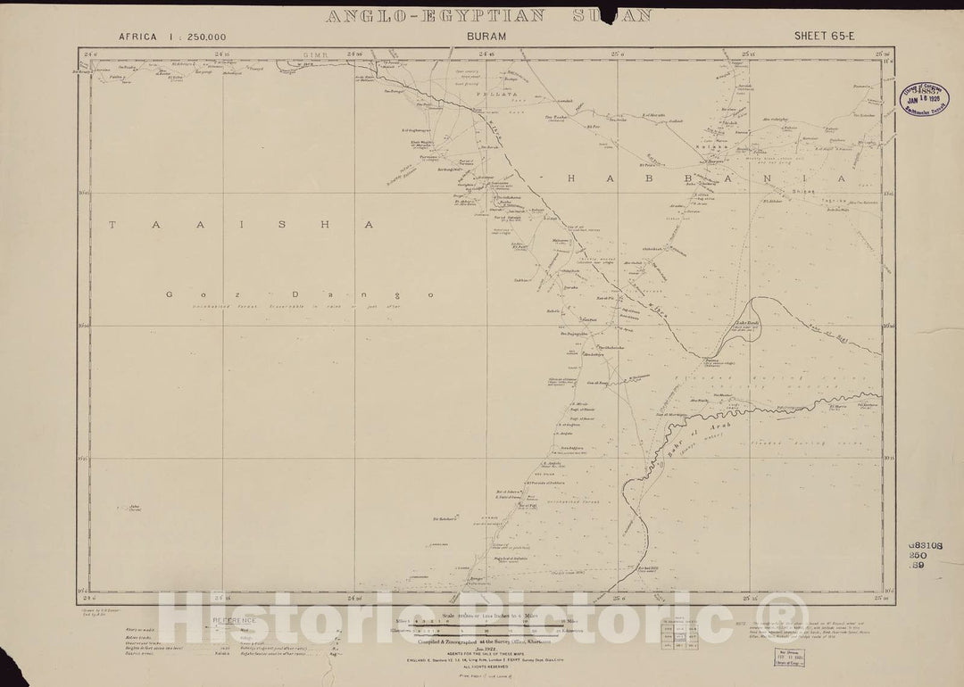 Historic 1909 Map - Sudan 1:250,000 - Buram Sheet 65-E Jun1922 - Anglo-Egyptian Sudan