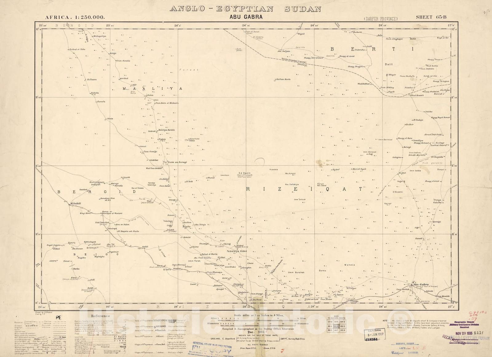 Historic 1909 Map - Sudan 1:250,000 - Abu Gabra Sheet 65-B Dec 1932 - Anglo-Egyptian Sudan