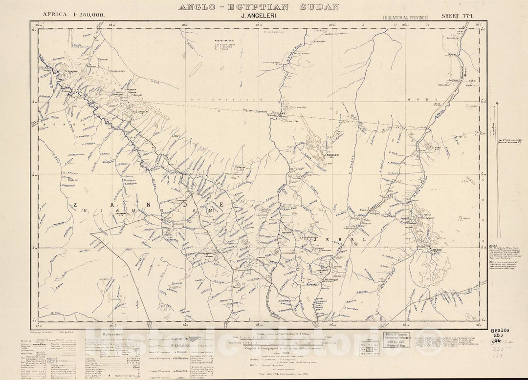 Historic 1909 Map - Sudan 1:250,000 - J. Angeleri Sheet 77-L Jun 1936 - Anglo-Egyptian Sudan