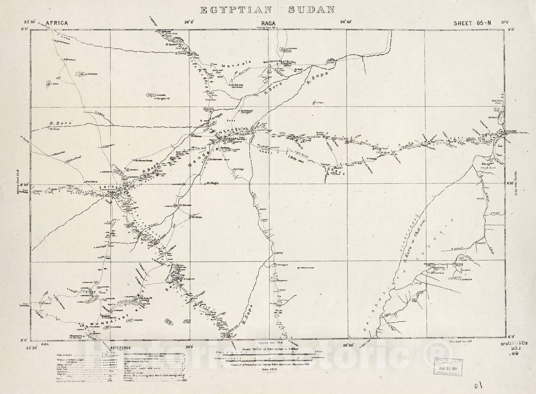 Historic 1909 Map - Sudan 1:250,000 - Raga Sheet 65-N Nov 1908 - Anglo-Egyptian Sudan