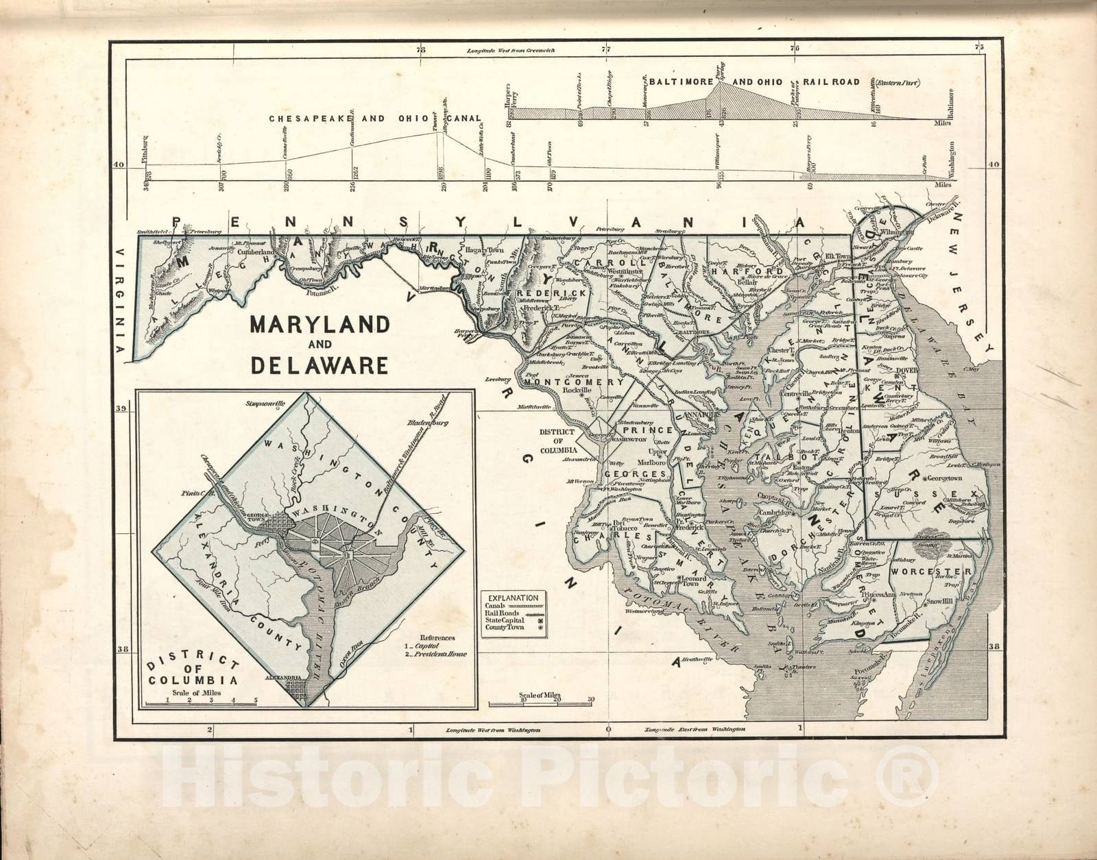 Historic 1842 Map - Morse's North American Atlas. - Maryland & Delaware; Inset map of The District of Columbia - Morse's cerographic maps