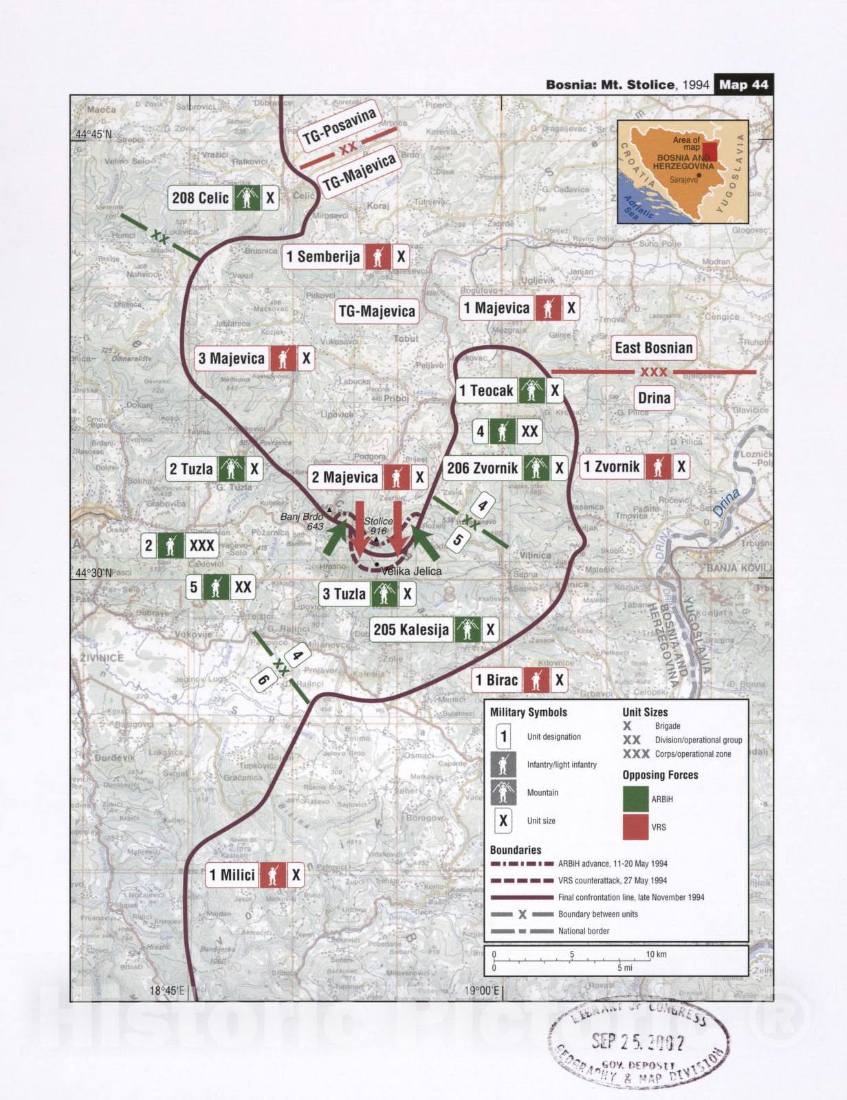 Historic 2002 Map - Balkan battlegrounds - Bosnia: Mt. Stolice, 1995