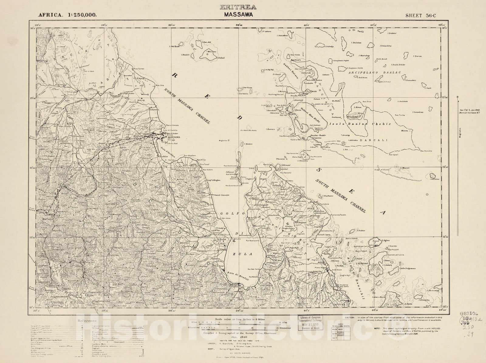 Historic 1909 Map - Sudan 1:250,000 - Massawa Sheet 56-C Oct 1940 - Anglo-Egyptian Sudan