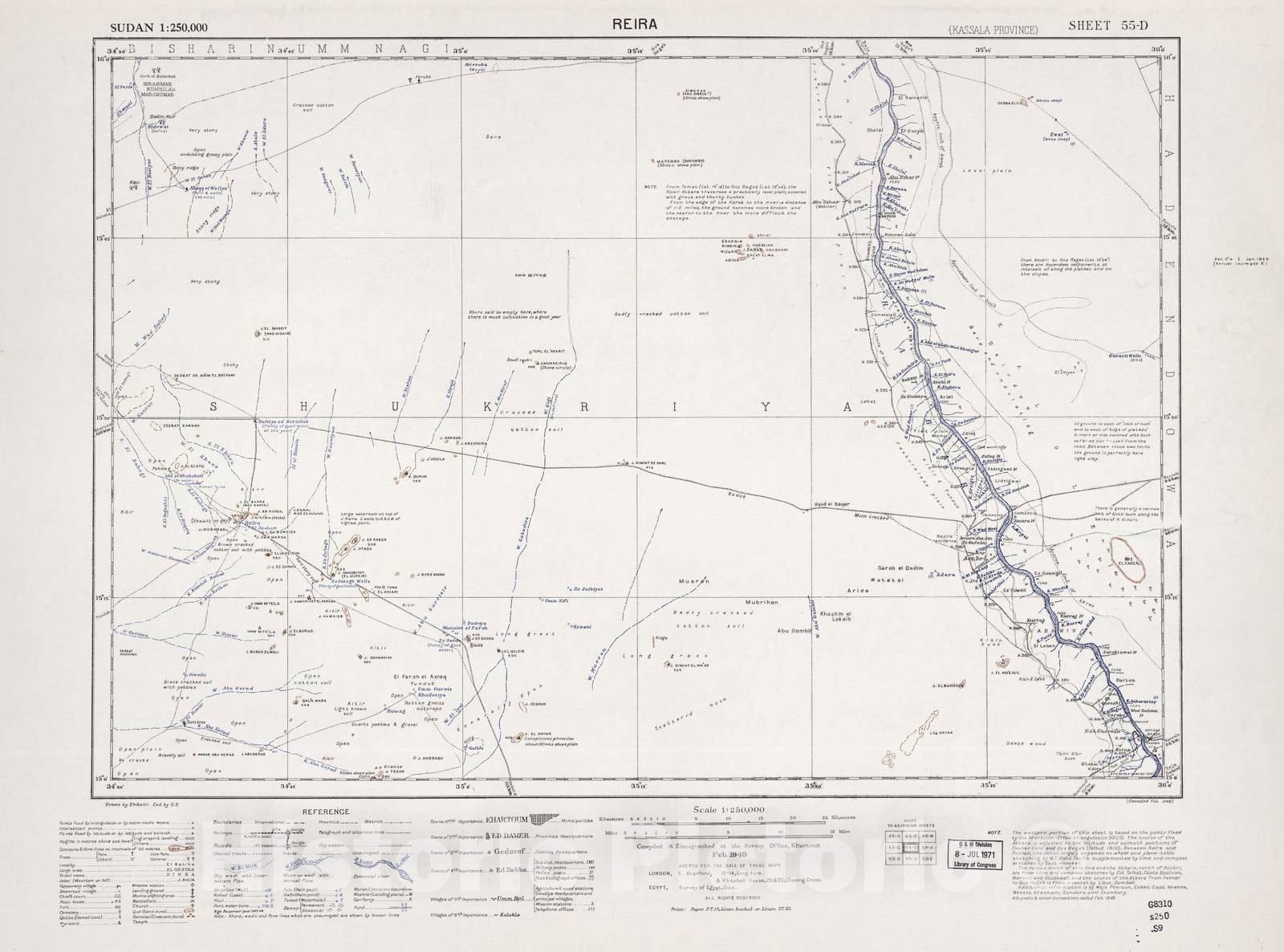 Historic 1909 Map - Sudan 1:250,000 - Reira Sheet 55-D Feb 1949 - Anglo-Egyptian Sudan