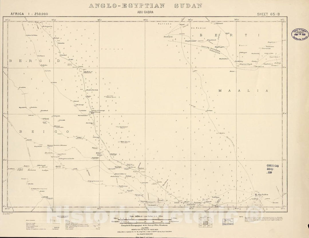 Historic 1909 Map - Sudan 1:250,000 - Abu Gabra Sheet 65-B Jan 1922 - Anglo-Egyptian Sudan