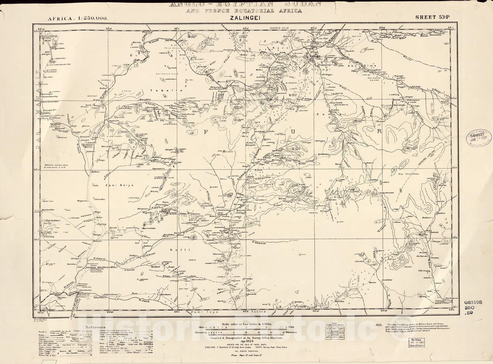 Historic 1909 Map - Sudan 1:250,000 - Zalingei Sheet 53-P Apr 1924 - Anglo-Egyptian Sudan