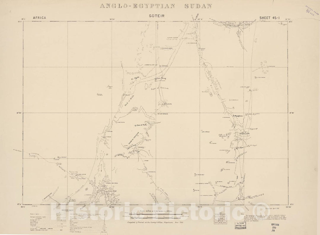 Historic 1909 Map - Sudan 1:250,000 - Soteir Sheet 45-I 1918 - Anglo-Egyptian Sudan