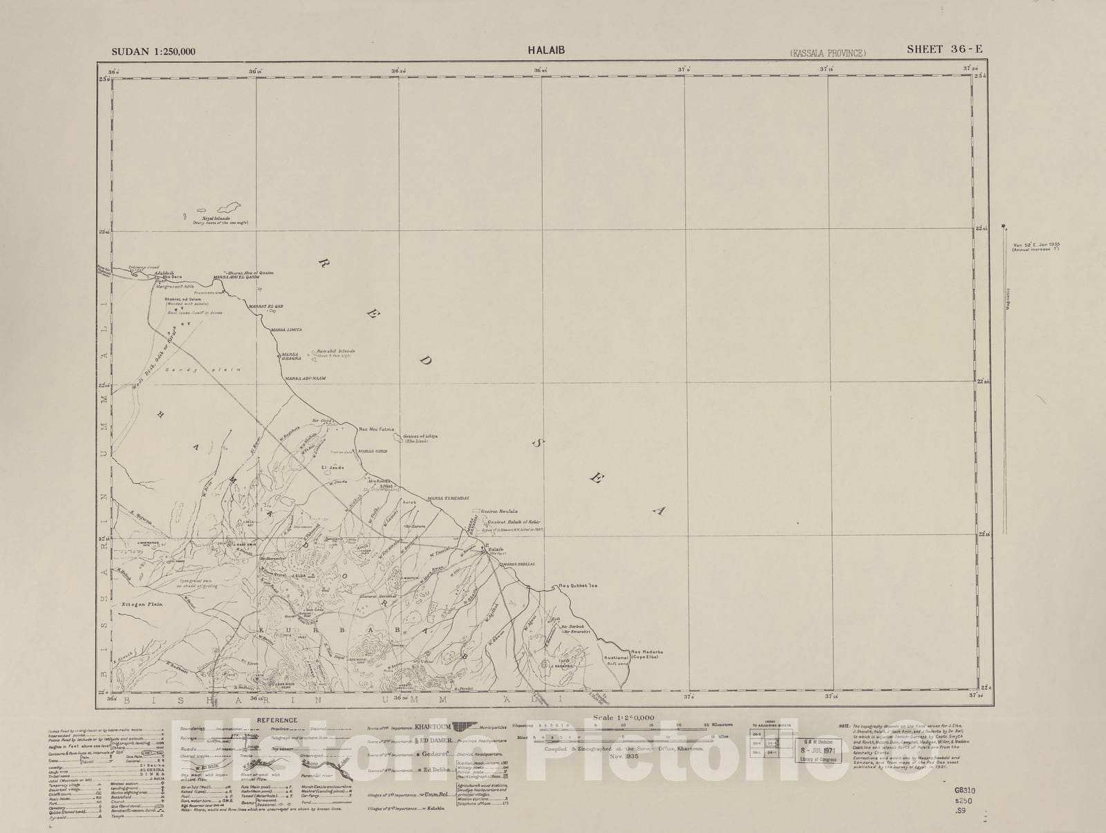 Historic 1909 Map - Sudan 1:250,000 - Halaib Sheet 36-E Nov 1935 - Anglo-Egyptian Sudan