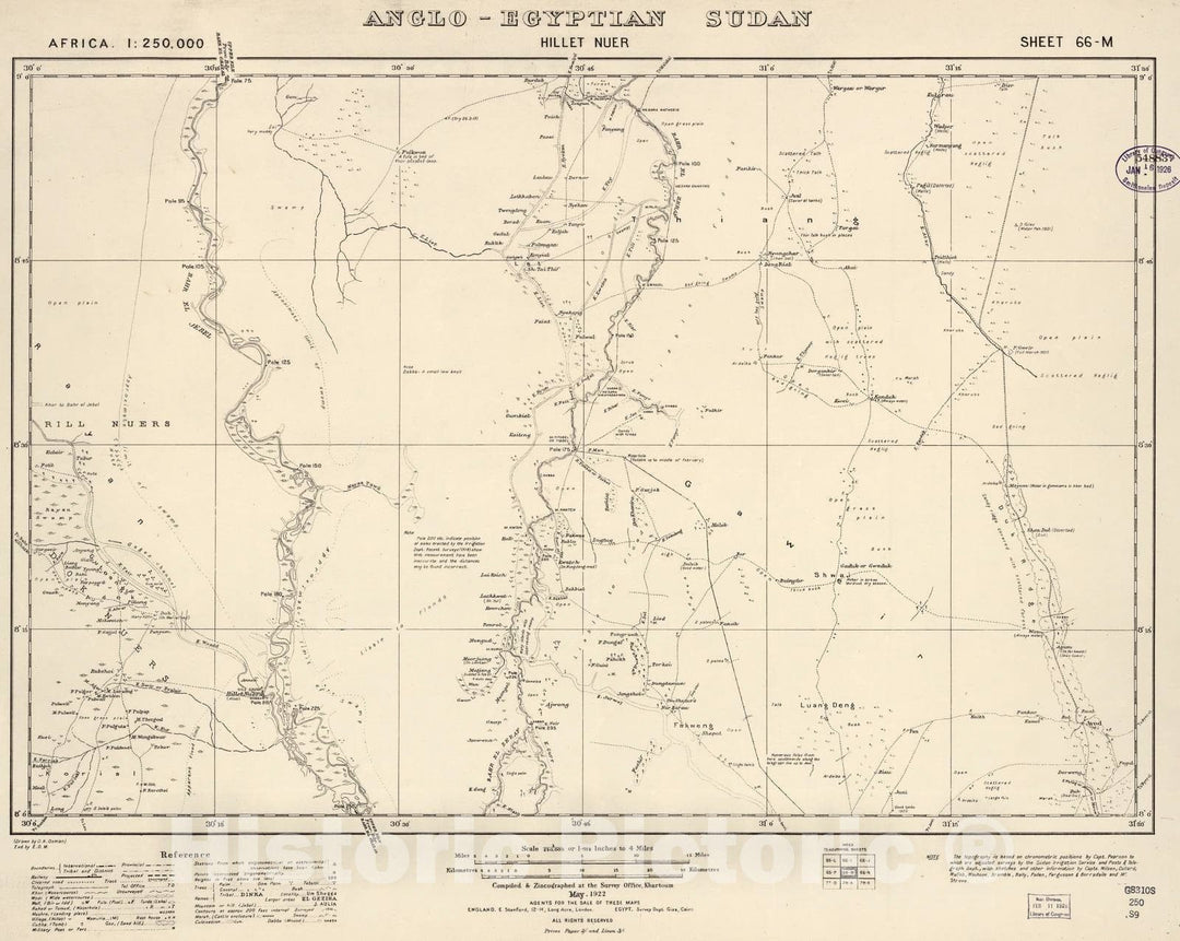 Historic 1909 Map - Sudan 1:250,000 - Hillet Nuer Sheet 66-M May 1922 - Anglo-Egyptian Sudan