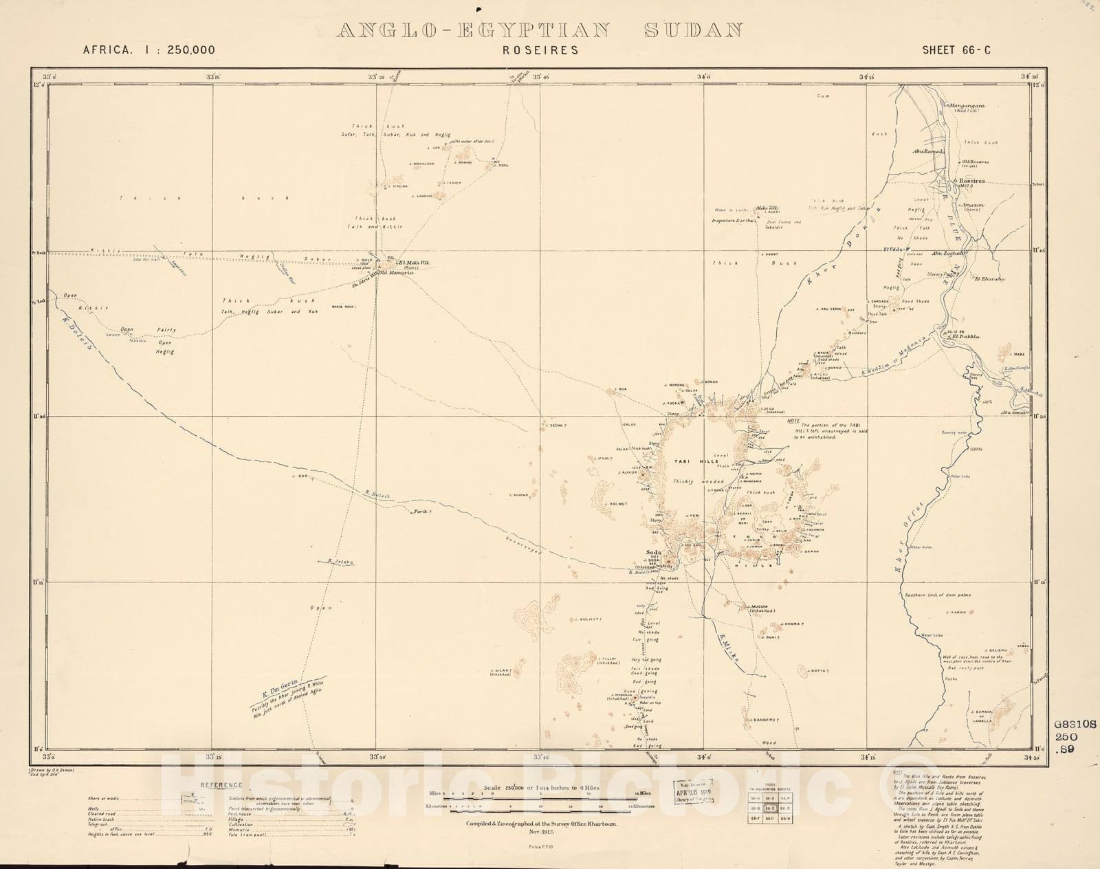 Historic 1909 Map - Sudan 1:250,000 - Roseires Sheet 66-C Nov 1915 - Anglo-Egyptian Sudan