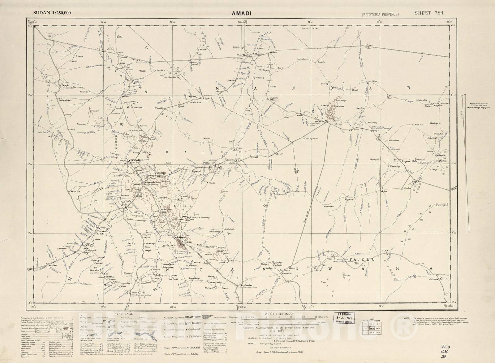 Historic 1909 Map - Sudan 1:250,000 - Amadi Sheet 78-I Dec 1945 - Anglo-Egyptian Sudan