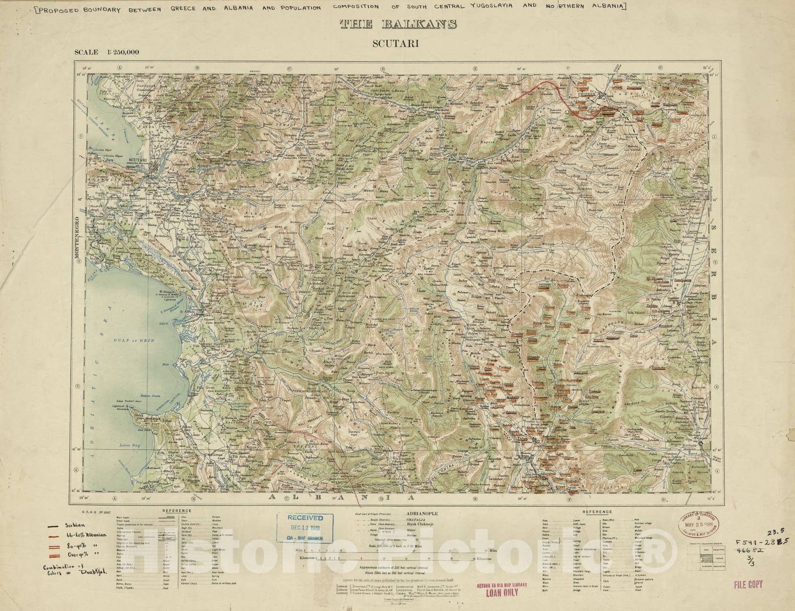 Historic 1915 Map - Proposed Boundary Between Greece and Albania and Population Composition of South Central Yugoslavia and Northern Albania.