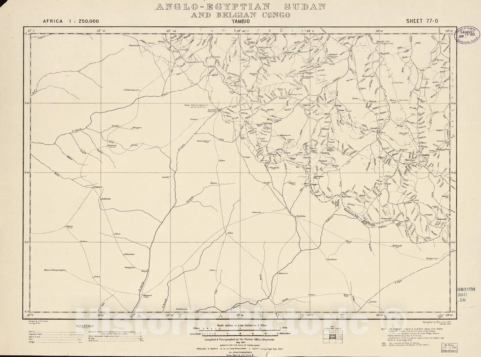 Historic 1909 Map - Sudan 1:250,000 - Yambio Sheet 77-O May 1920 - Anglo-Egyptian Sudan