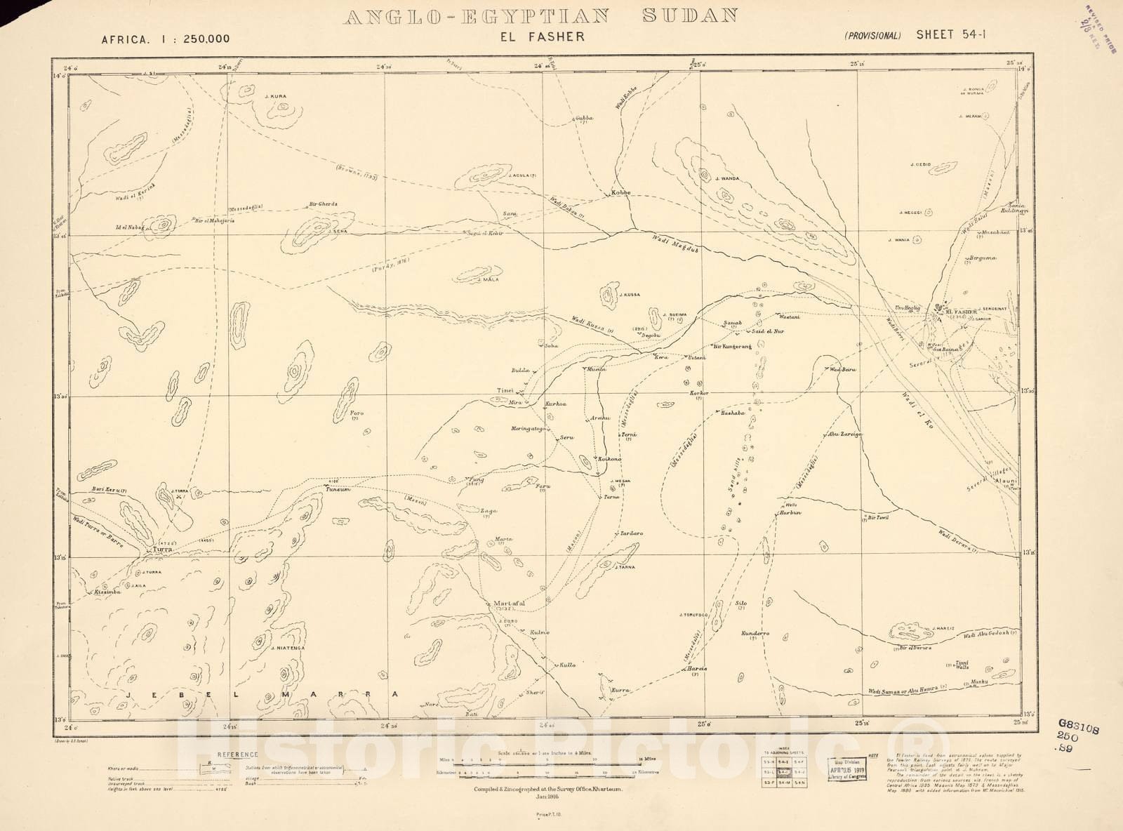 Historic 1909 Map - Sudan 1:250,000 - El Fasher Sheet 54-I Jan 1916 - Anglo-Egyptian Sudan