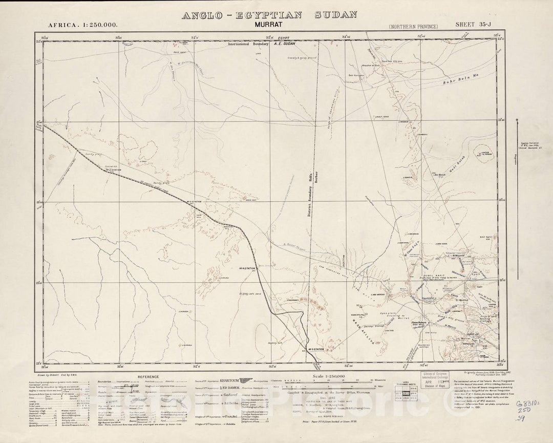 Historic 1909 Map - Sudan 1:250,000 - Murrat Sheet 35-J Dec 1942 - Anglo-Egyptian Sudan