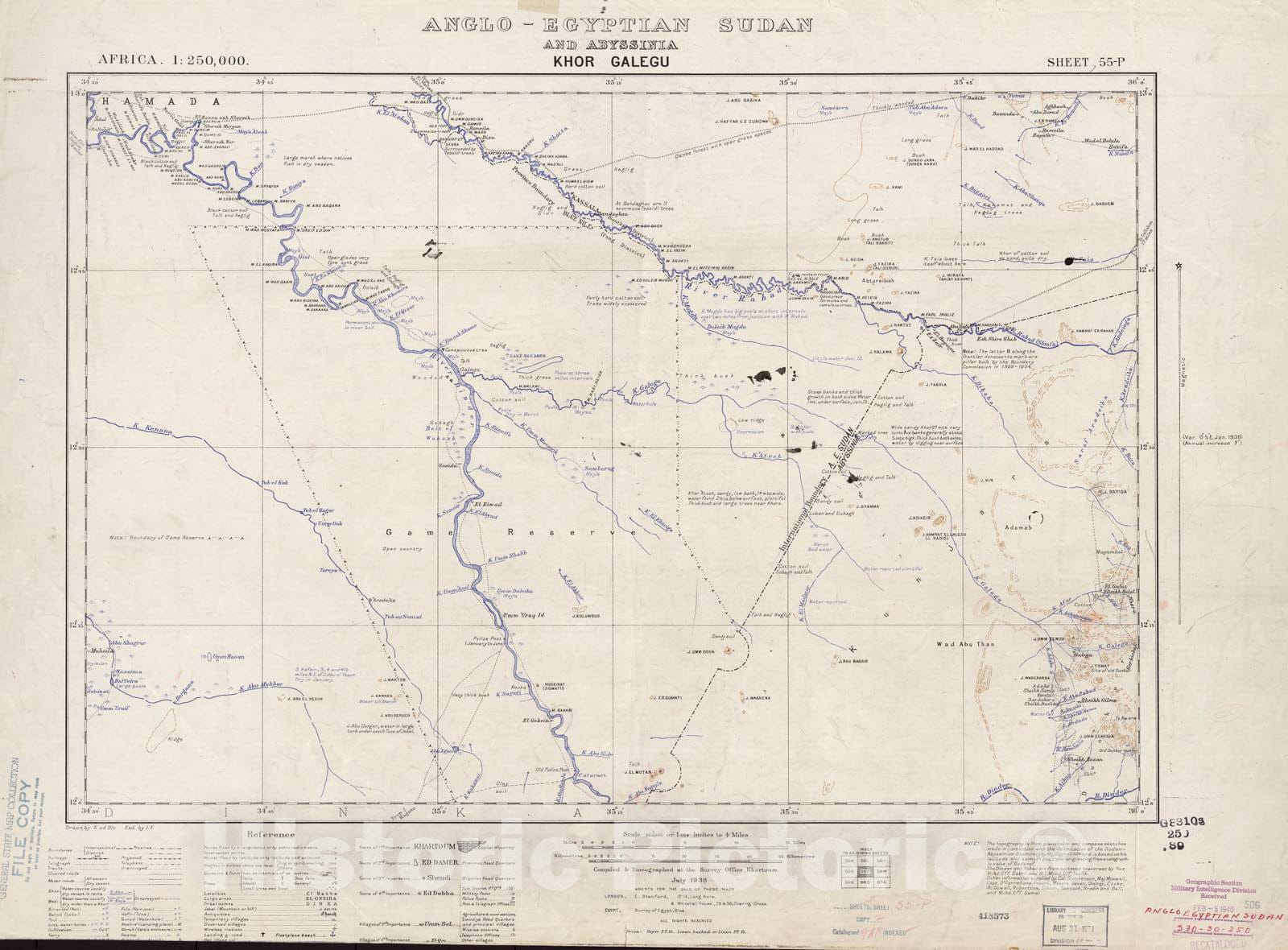 Historic 1909 Map - Sudan 1:250,000 - Khor Galegu Sheet 55-P Jul 1938 - Anglo-Egyptian Sudan