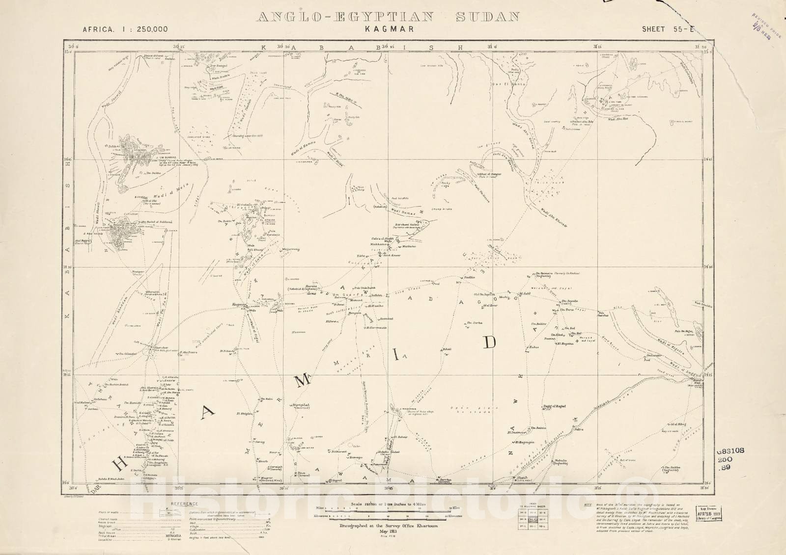 Historic 1909 Map - Sudan 1:250,000 - Kagmar Sheet 55-E May 1913 - Anglo-Egyptian Sudan