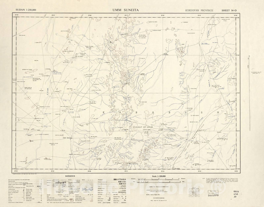 Historic 1909 Map - Sudan 1:250,000 - UMM Suneita Sheet 54-D 1958 - Anglo-Egyptian Sudan