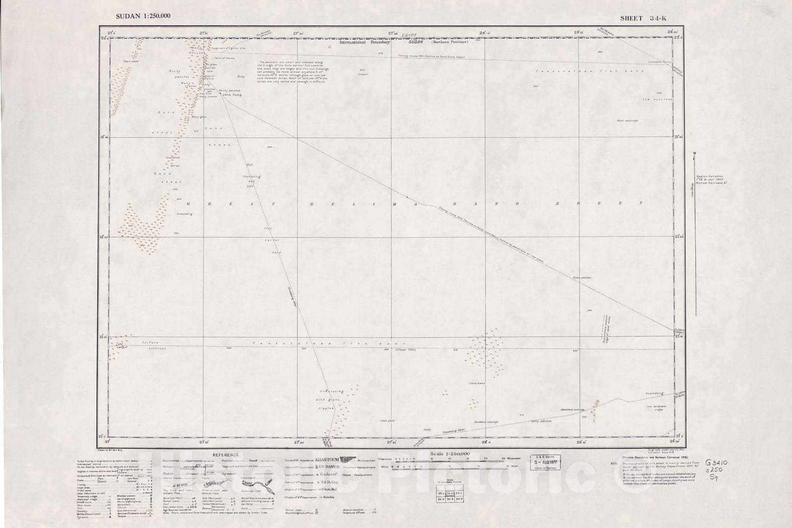 Historic 1909 Map - Sudan 1:250,000 - Great Selima Sand Sheet 34-K 1976 (no Month on map) - Anglo-Egyptian Sudan