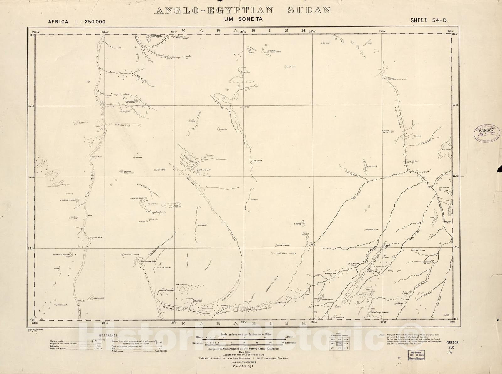 Historic 1909 Map - Sudan 1:250,000 - Um Soneita Sheet 54-D Dec 1919 - Anglo-Egyptian Sudan