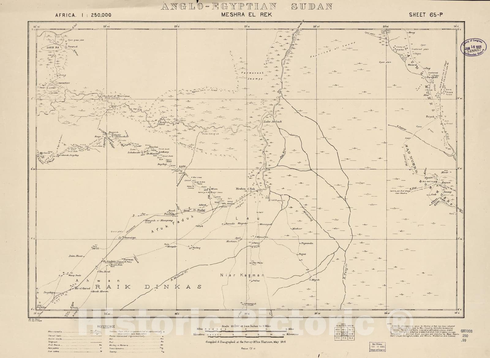 Historic 1909 Map - Sudan 1:250,000 - Meshra El Rek Sheet 65-P May 1916 - Anglo-Egyptian Sudan 1