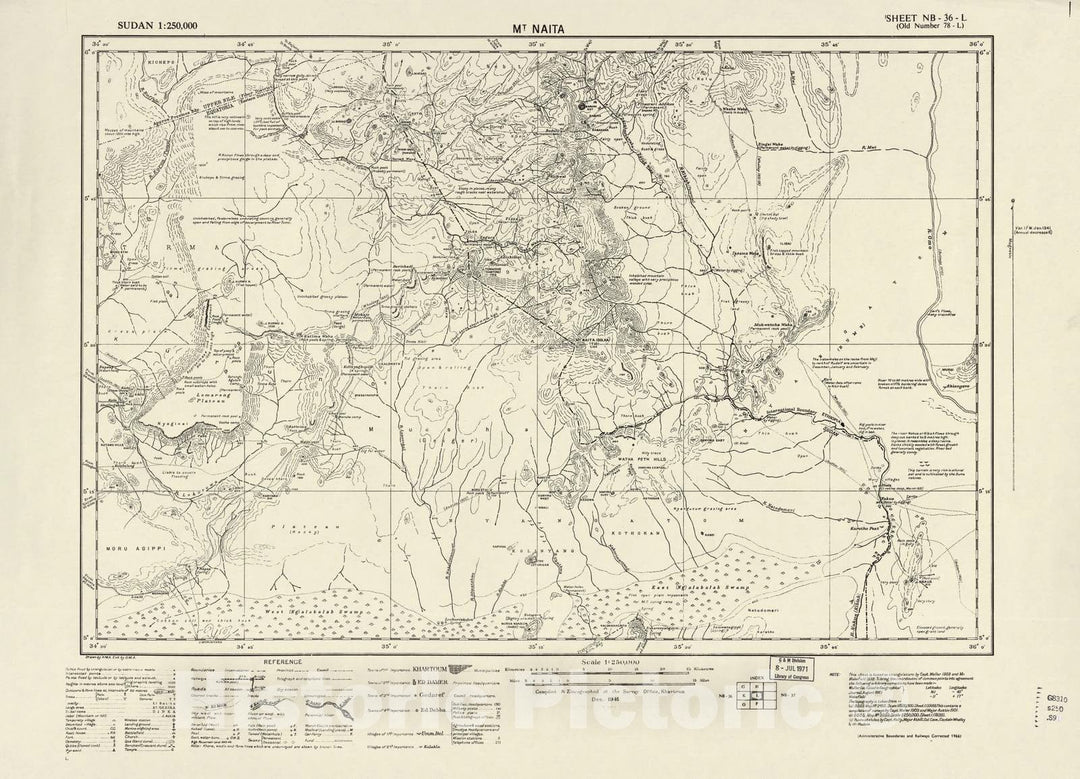 Historic 1909 Map - Sudan 1:250,000 - Mt Naita Sheet NB-36-L (Old Number 78-L; No Month) 1966 - Anglo-Egyptian Sudan