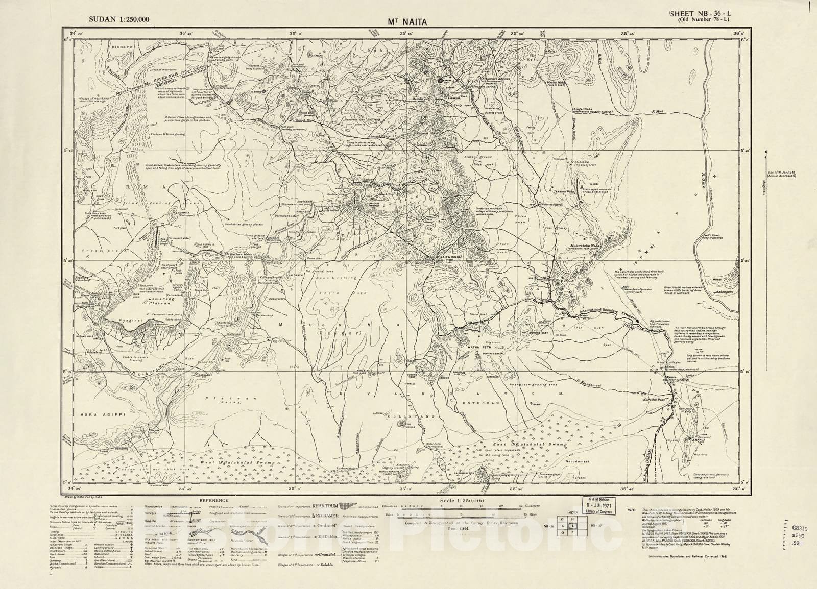 Historic 1909 Map - Sudan 1:250,000 - Mt Naita Sheet NB-36-L (Old Number 78-L; No Month) 1966 - Anglo-Egyptian Sudan