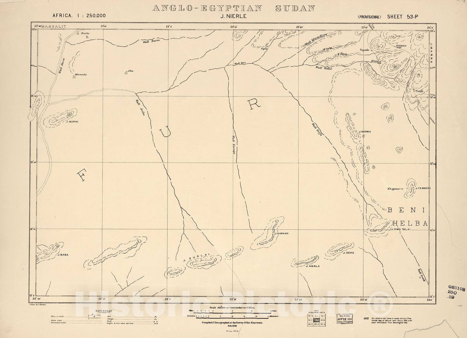 Historic 1909 Map - Sudan 1:250,000 - J. Nierle Sheet 53-P Feb 1916 - Anglo-Egyptian Sudan