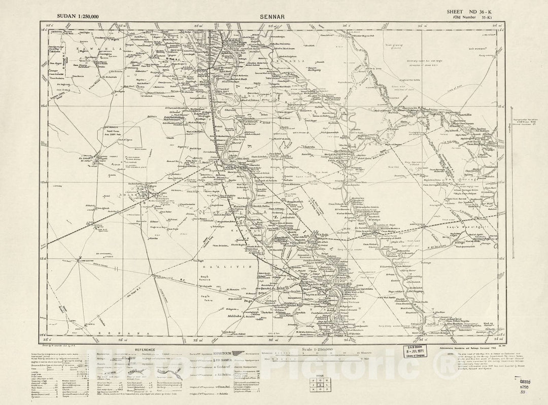 Historic 1909 Map - Sudan 1:250,000 - Sennar Sheet ND-36-K (Old Number 55-K; No Month) 1965 - Anglo-Egyptian Sudan