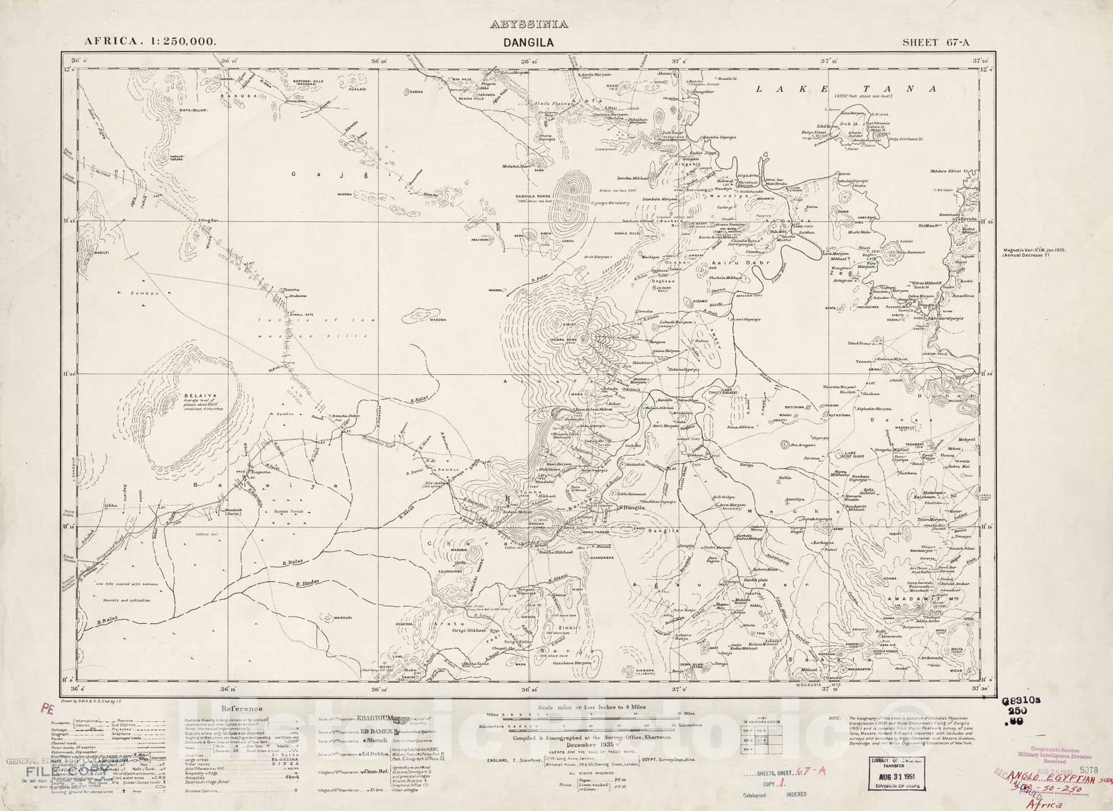 Historic 1909 Map - Sudan 1:250,000 - Dangila Sheet 67-A Dec 1935 - Anglo-Egyptian Sudan