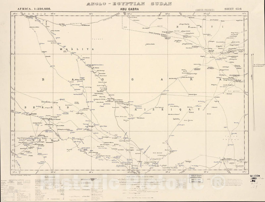 Historic 1909 Map - Sudan 1:250,000 - Abu Gabra Sheet 65-B Jul 1939 - Anglo-Egyptian Sudan 1