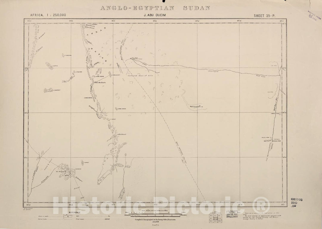 Historic 1909 Map - Sudan 1:250,000 - J. Abu Dueim Sheet 35-P Jan 1918 - Anglo-Egyptian Sudan