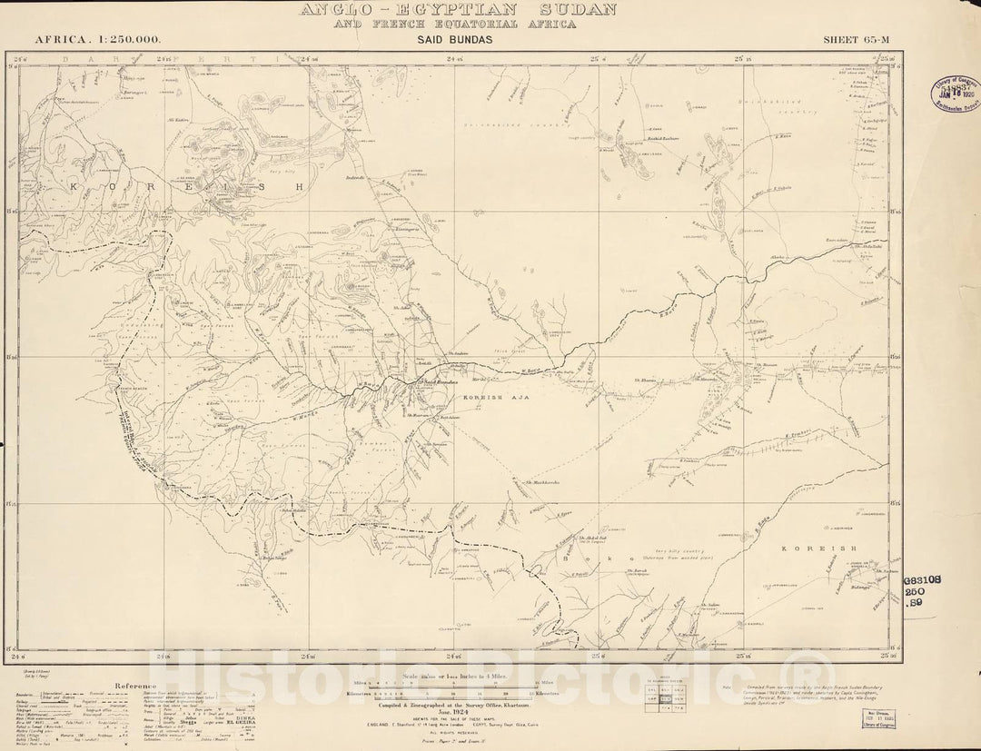 Historic 1909 Map - Sudan 1:250,000 - Said Bundas Sheet 65-M Jun 1924 - Anglo-Egyptian Sudan