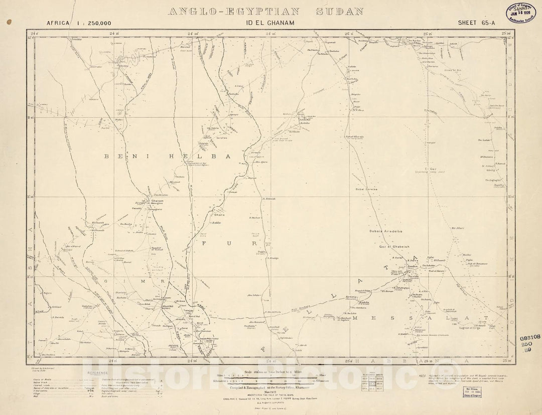 Historic 1909 Map - Sudan 1:250,000 - Id El Ghanam Sheet 65-A Nov 1921 - Anglo-Egyptian Sudan