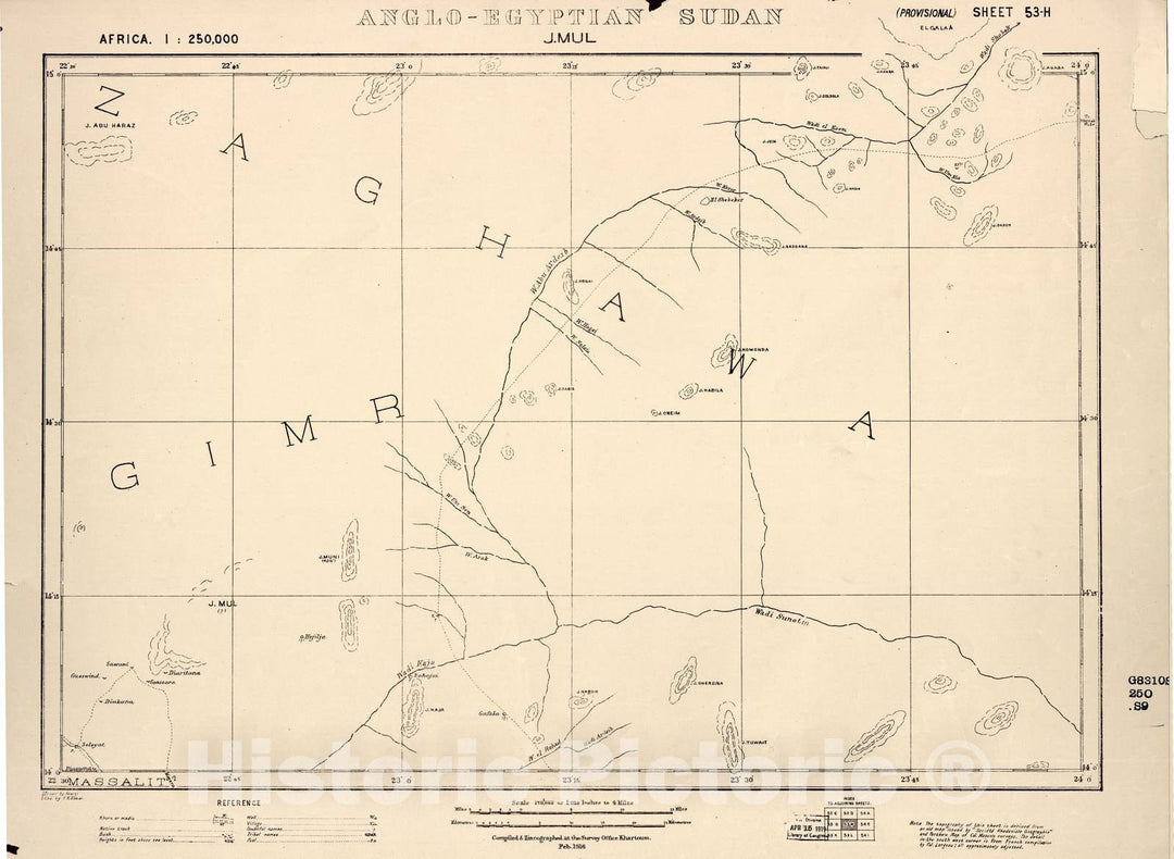 Historic 1909 Map - Sudan 1:250,000 - J.MUL Sheet 53-H Feb 1916 - Anglo-Egyptian Sudan