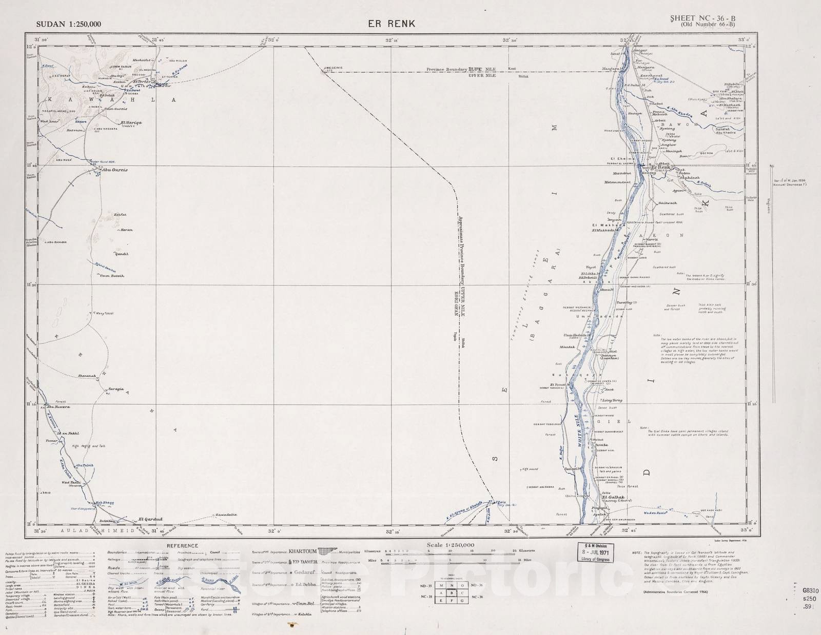 Historic 1909 Map - Sudan 1:250,000 - Er Renk Sheet NC-36-B (Old Number 66-B; No Month) 1966 - Anglo-Egyptian Sudan