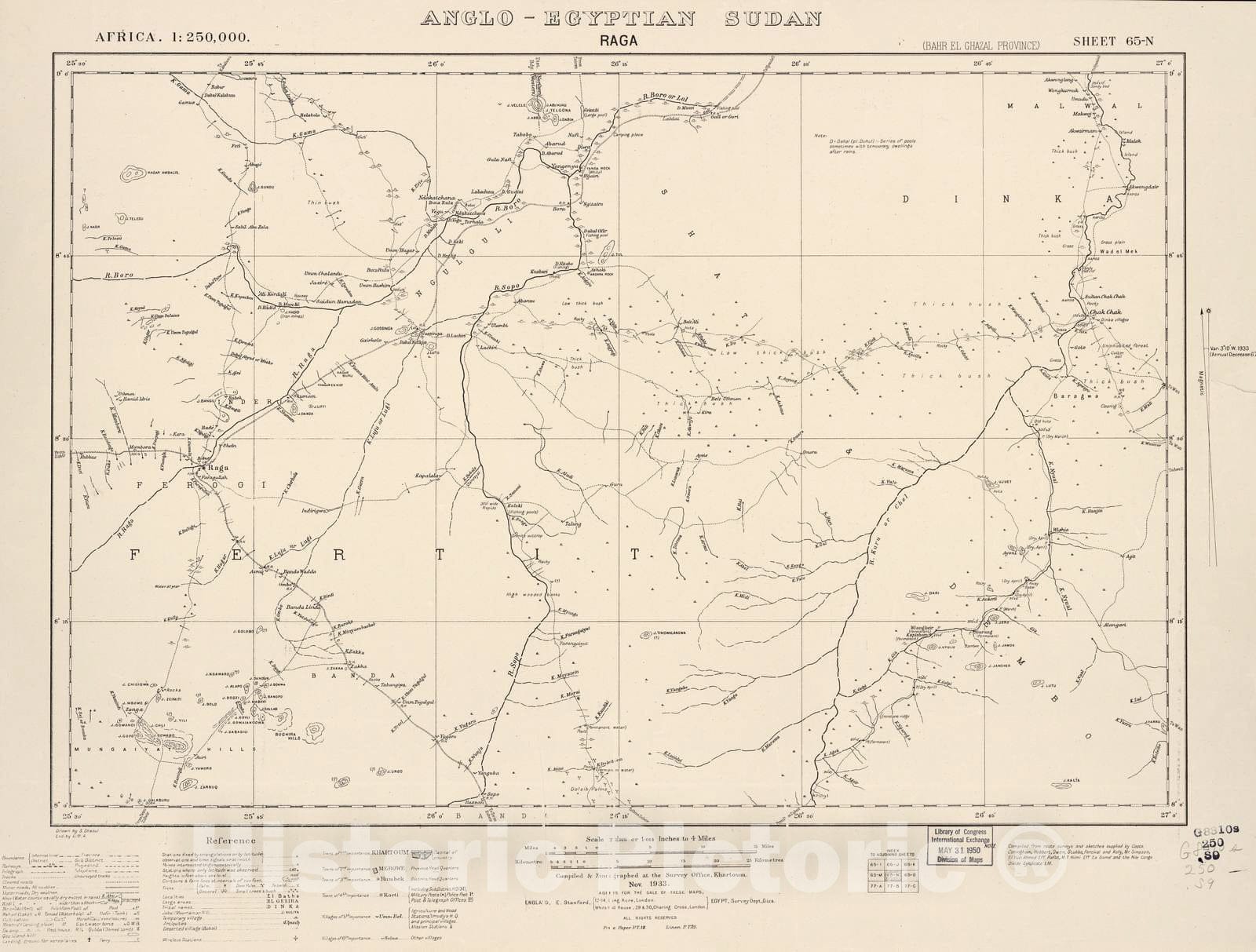 Historic 1909 Map - Sudan 1:250,000 - Raga Sheet 65-N Nov 1933 - Anglo-Egyptian Sudan