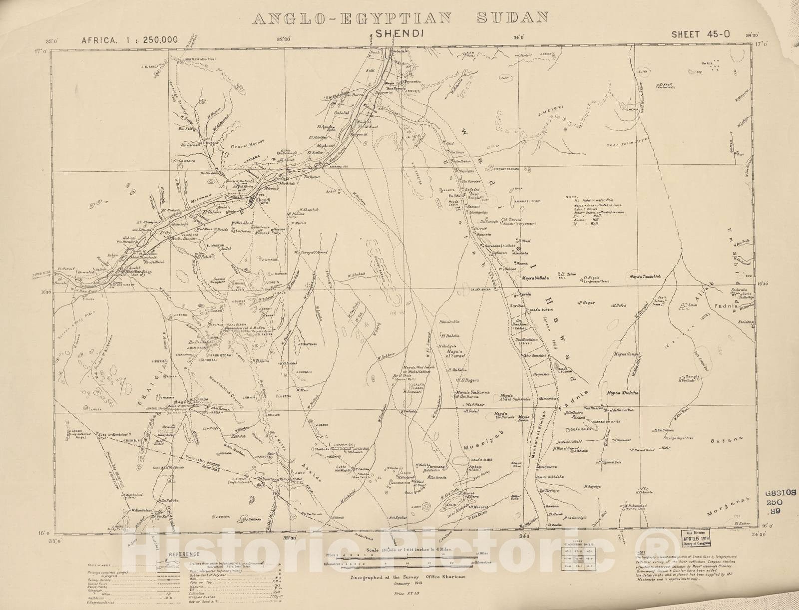 Historic 1909 Map - Sudan 1:250,000 - Shendi Sheet 45-O Jan 1913 - Anglo-Egyptian Sudan