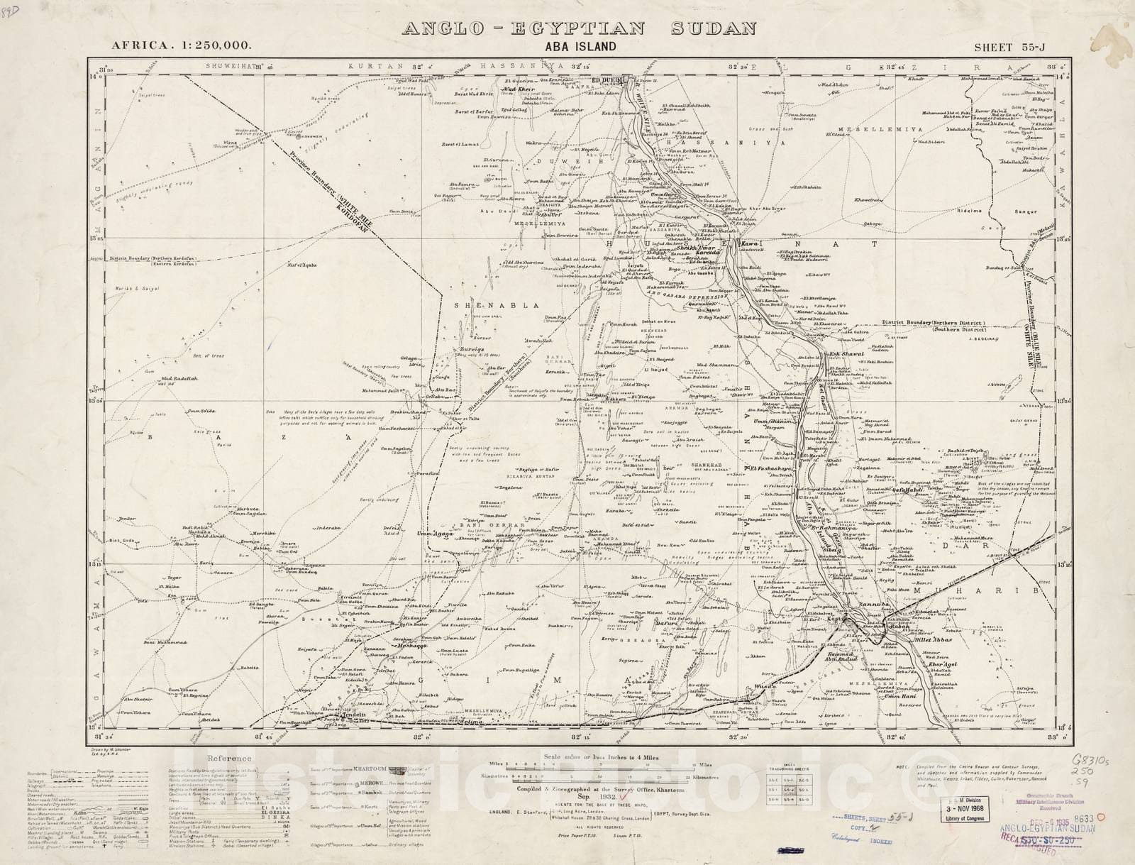 Historic 1909 Map - Sudan 1:250,000 - Aba Island Sheet 55-J Sep 1932 - Anglo-Egyptian Sudan