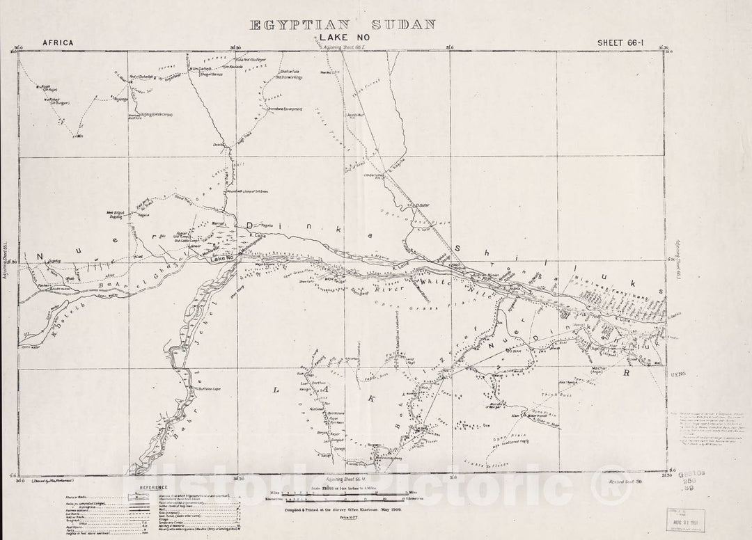 Historic 1909 Map - Sudan 1:250,000 - Lake No Sheet 66-I May 1909 - Anglo-Egyptian Sudan